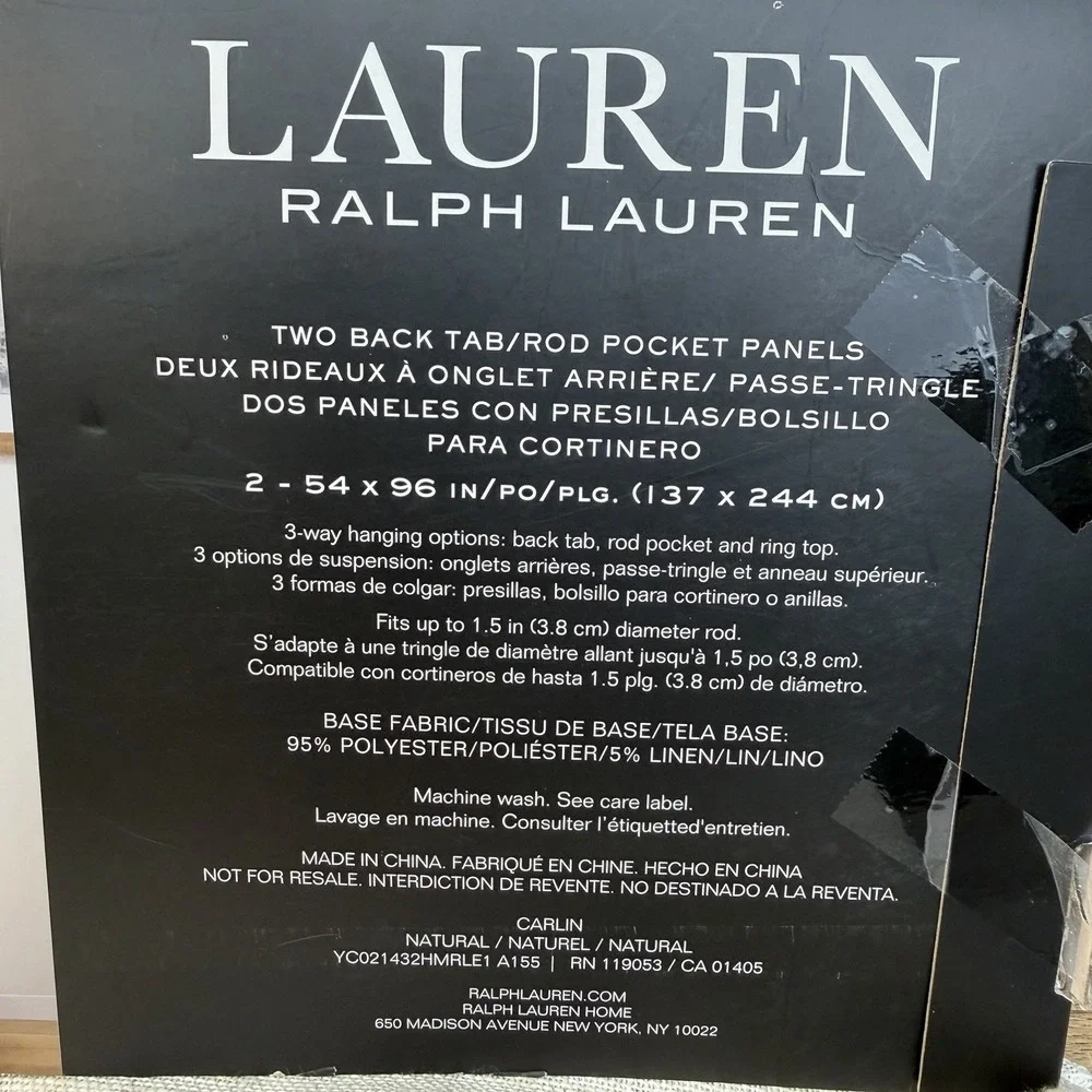 Ralph Lauren Window Curtains 2 Panels 54x96 Back Tab/Rod Linen Carlin Natural